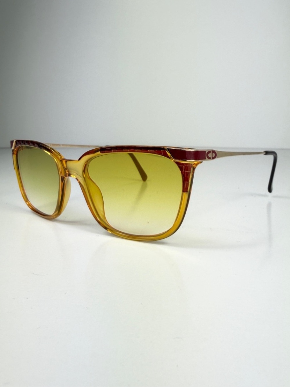 VTG Christian Dior 2403 Croc Embossed Geometric Square CD Logo Yellow Burgundy